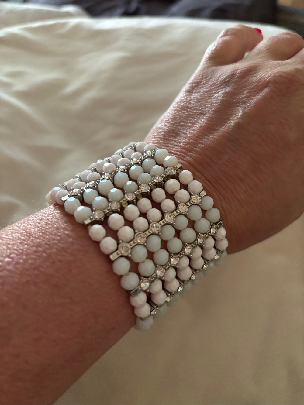 White Multi-Row Beaded Stretch Bracelet with Crystal Rows